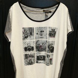 Photo T-Shirt Top Black White Polka Dot Button L